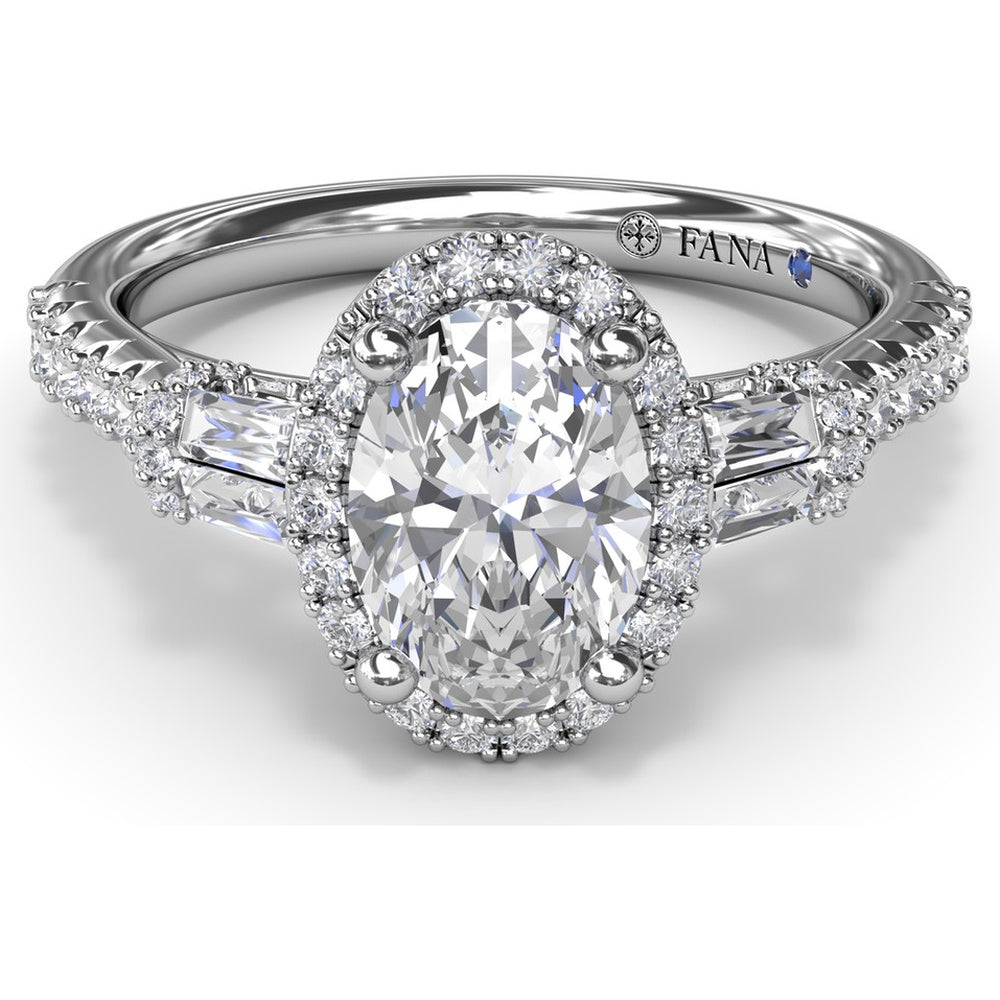 Engagement Ring Setting with Diamond Halo and Tapered Baguettes by Fana - 0.53 Carat Total Diamond Weight