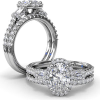 Engagement Ring Setting with Diamond Halo and Tapered Baguettes by Fana - 0.53 Carat Total Diamond Weight