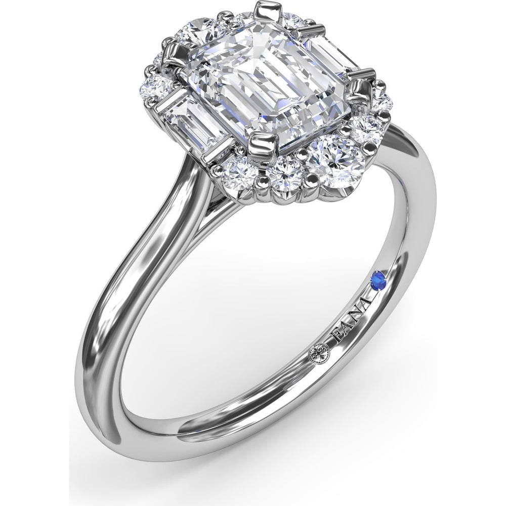 Engagement Ring Setting with Emerald-Shape Halo of Round and Baguette Diamonds by Fana - 0.33 Carat Total Diamond Weight