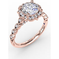 Engagement Ring Setting with Floral Halo, Milgrain Details and Pavé Gallery by Fana