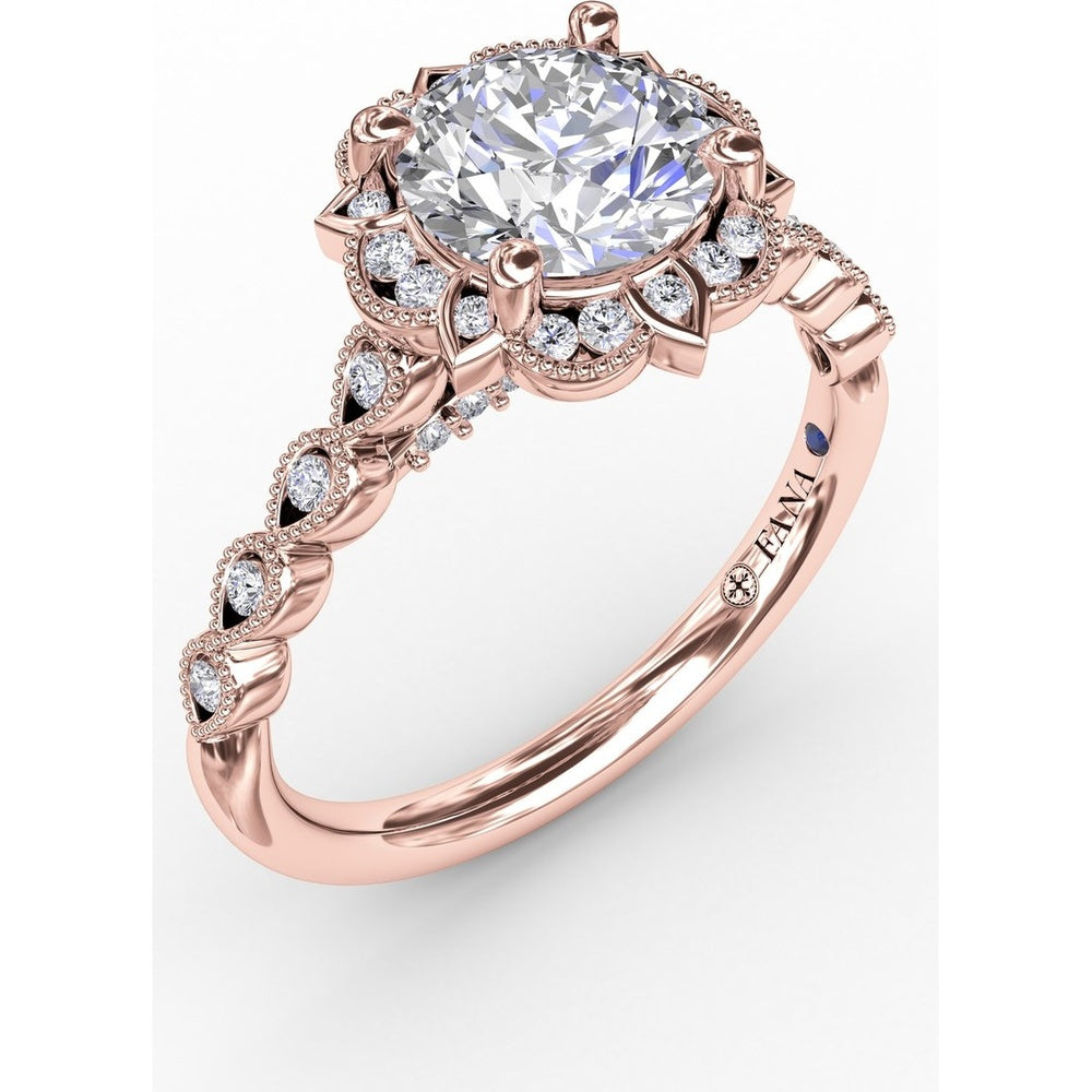 Engagement Ring Setting with Floral Halo, Milgrain Details and Pavé Gallery by Fana