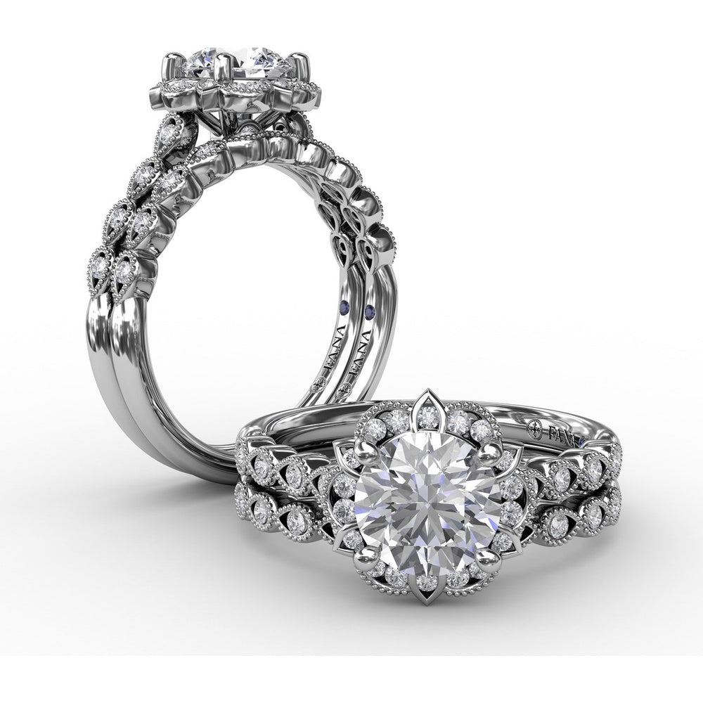 Engagement Ring Setting with Floral Halo, Milgrain Details and Pavé Gallery by Fana