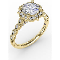 Engagement Ring Setting with Floral Halo, Milgrain Details and Pavé Gallery by Fana