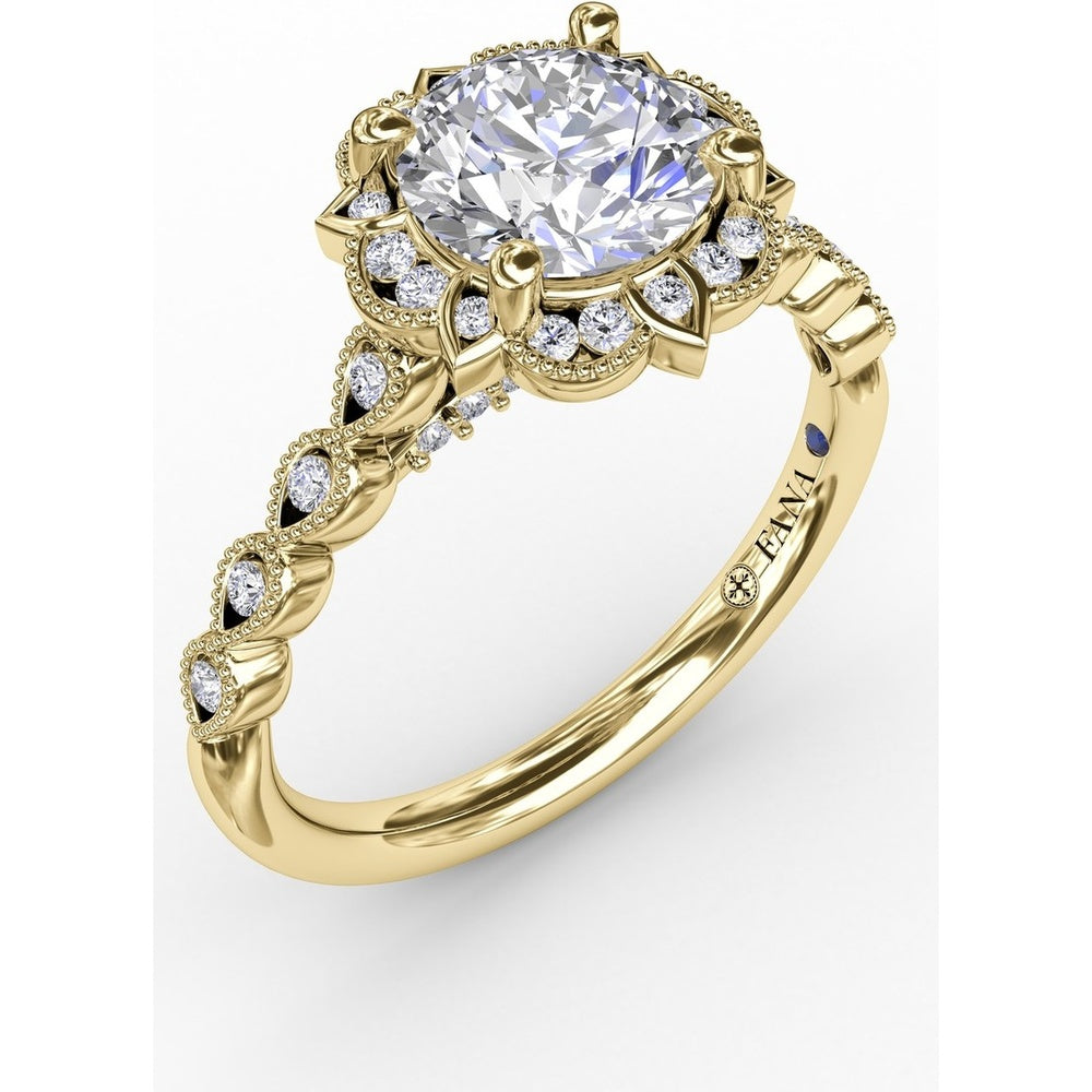 Engagement Ring Setting with Floral Halo, Milgrain Details and Pavé Gallery by Fana