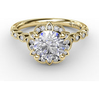 Engagement Ring Setting with Floral Halo, Milgrain Details and Pavé Gallery by Fana
