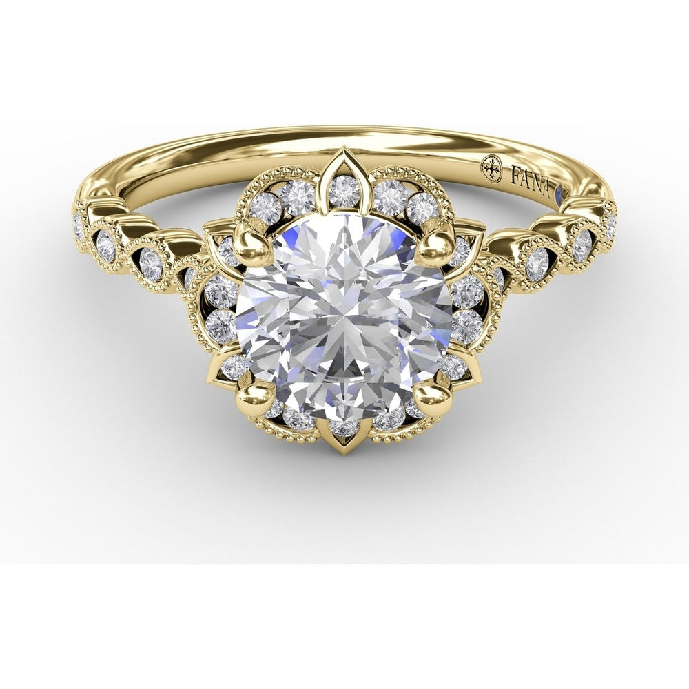 Engagement Ring Setting with Floral Halo, Milgrain Details and Pavé Gallery by Fana
