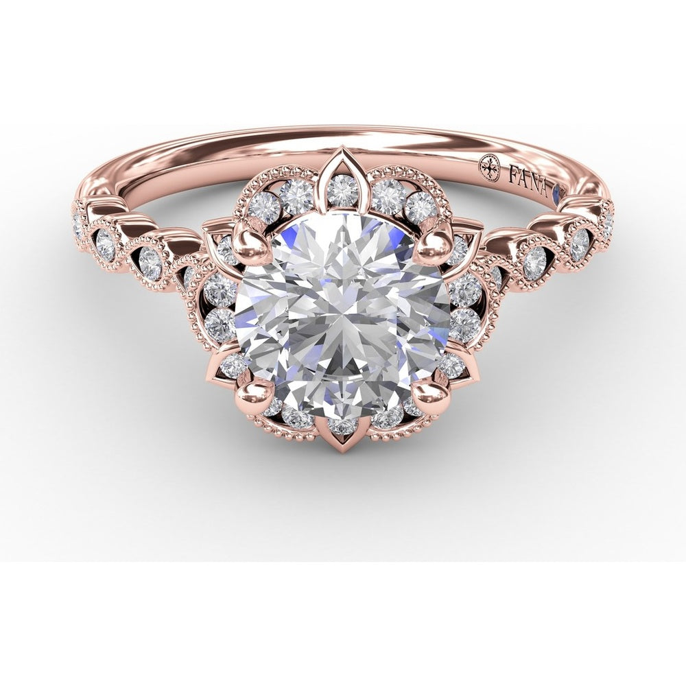 Engagement Ring Setting with Floral Halo, Milgrain Details and Pavé Gallery by Fana