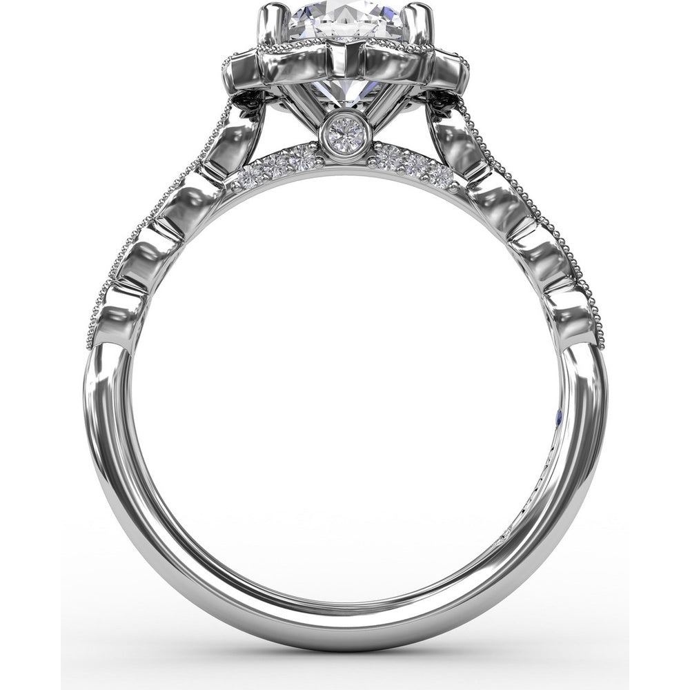 Engagement Ring Setting with Floral Halo, Milgrain Details and Pavé Gallery by Fana