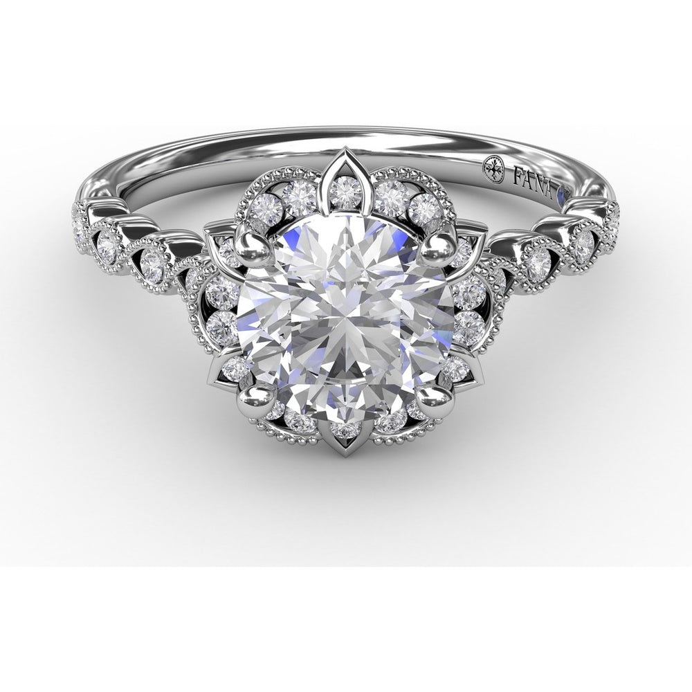 Engagement Ring Setting with Floral Halo, Milgrain Details and Pavé Gallery by Fana