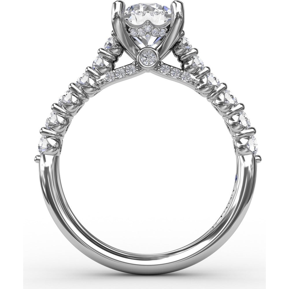Engagement Ring Setting with Hidden Chevron Pavé Halo and Diamond Gallery Detail by Fana