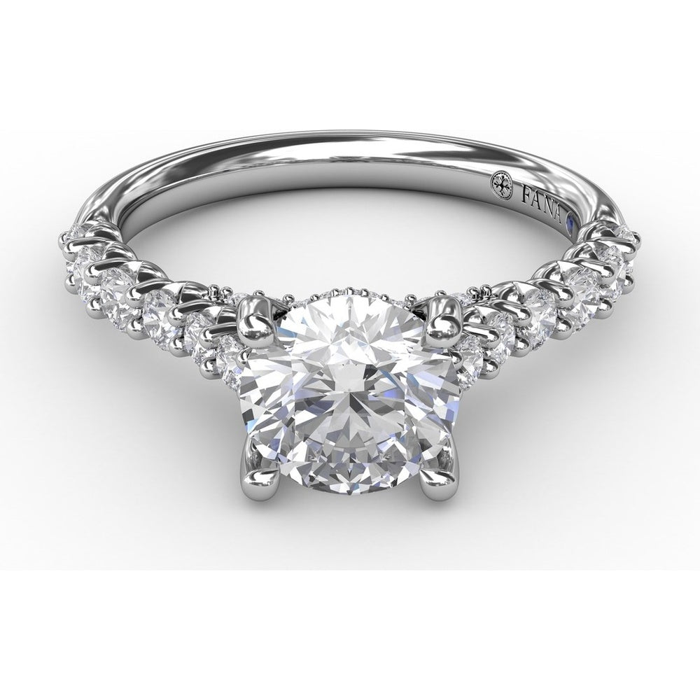 Engagement Ring Setting with Hidden Chevron Pavé Halo and Diamond Gallery Detail by Fana