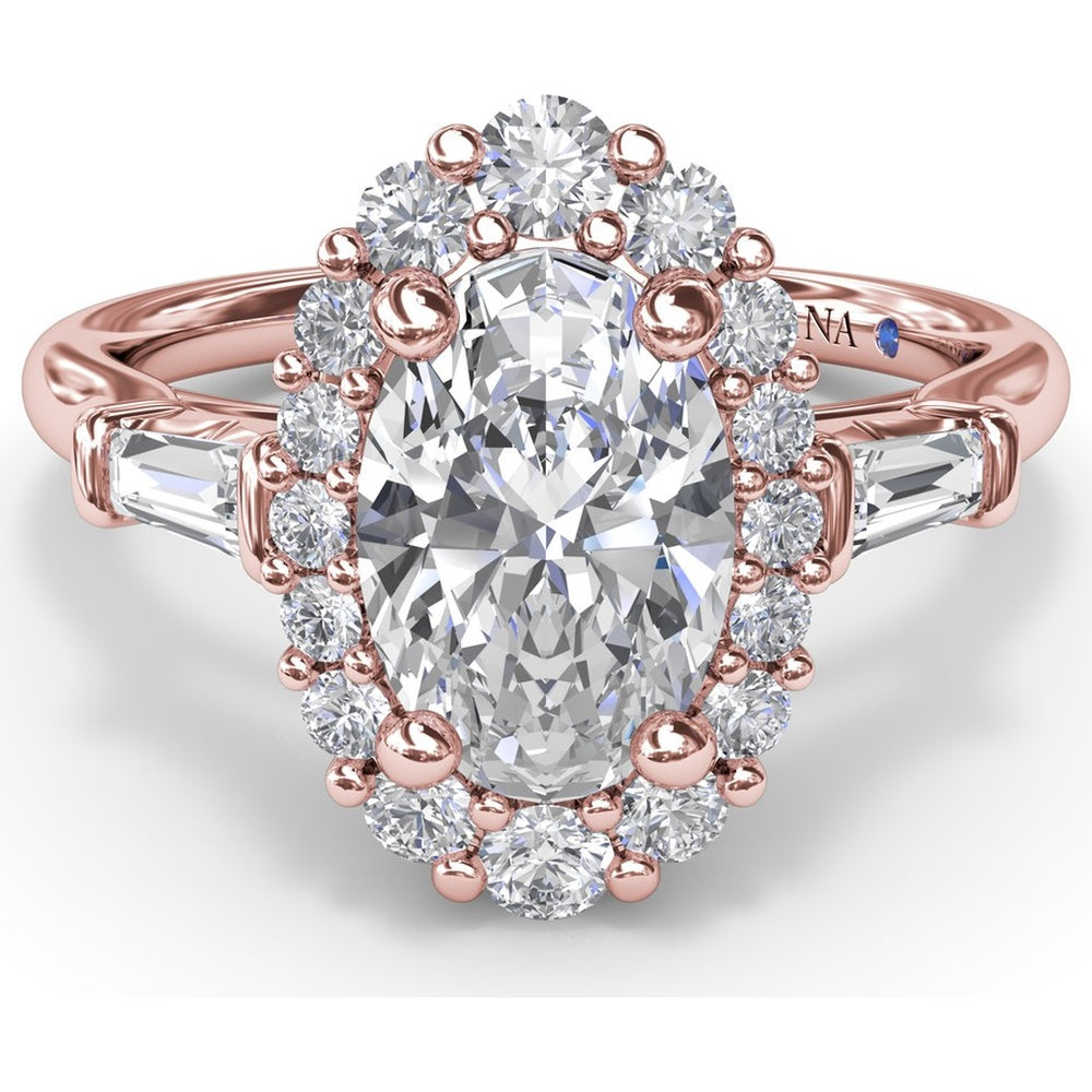 Engagement Ring Setting with Oval Diamond Halo and Tapered Baguettes by Fana - 0.60 Carat Total Diamond Weight