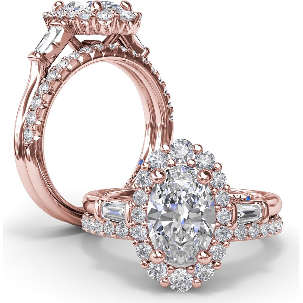 Engagement Ring Setting with Oval Diamond Halo and Tapered Baguettes by Fana - 0.60 Carat Total Diamond Weight