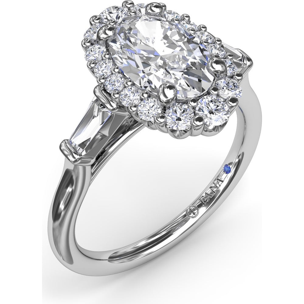 Engagement Ring Setting with Oval Diamond Halo and Tapered Baguettes by Fana - 0.60 Carat Total Diamond Weight