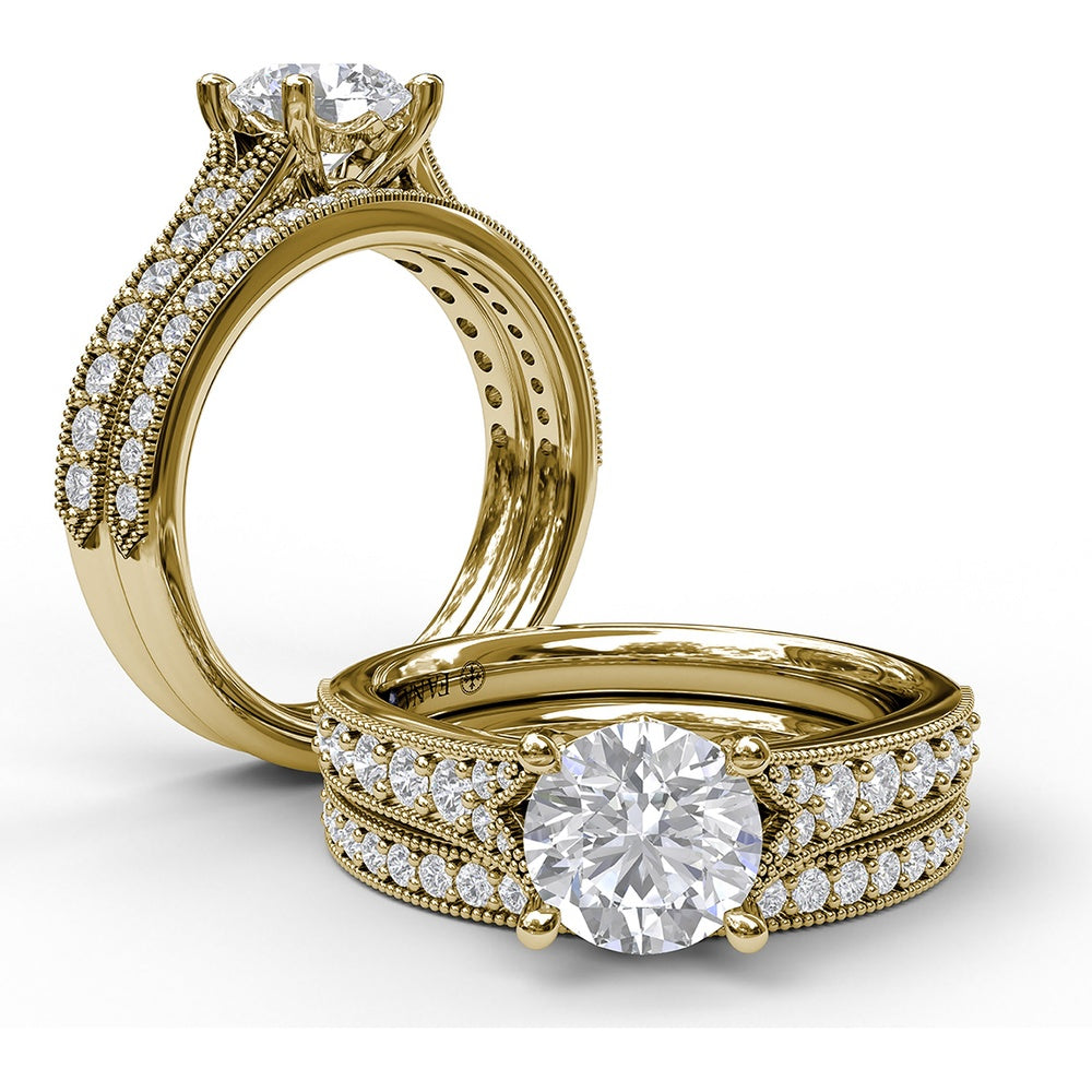 Engagement Ring Setting with Pavé Diamond Band and Milgrain Detailing - 0.32 Carat Total Side Stone Weight by Fana