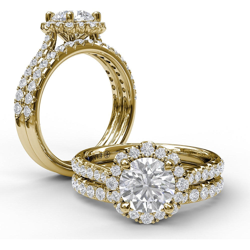 Engagement Ring Setting with Scalloped Round Diamond Halo and Pavé Band by Fana - 0.45 Carat Total Diamond Weight