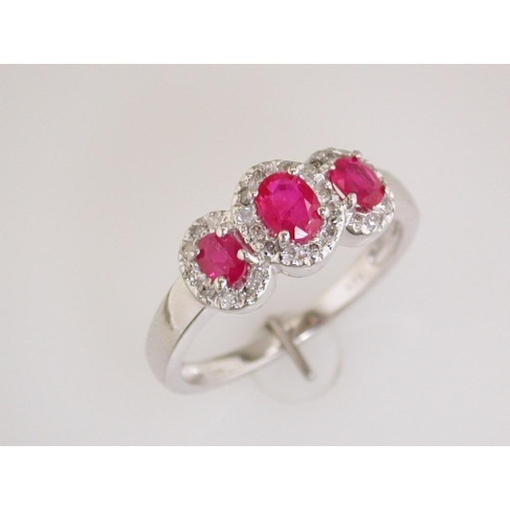 Exquisite 14K White Gold Ruby & Diamond Three Stone Ring - 0.80 Carat Ruby, 0.15 Carat Diamonds
