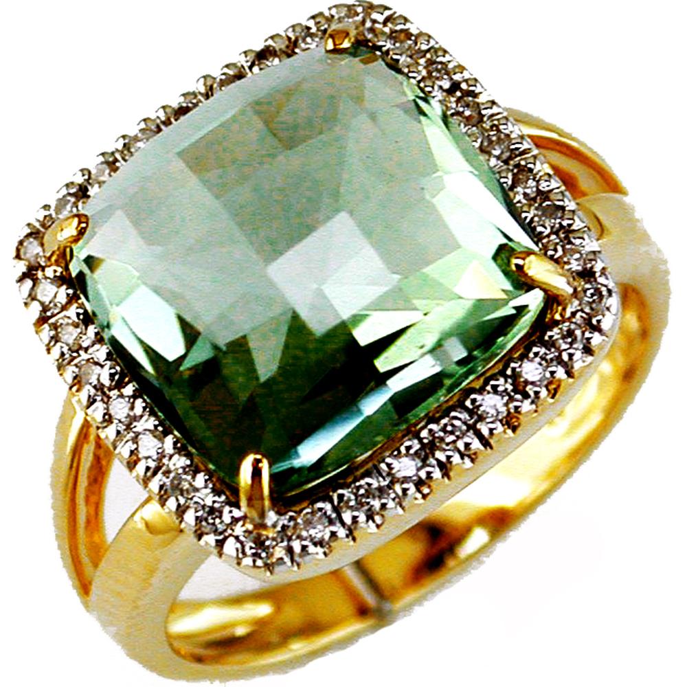 Exquisite 14K Yellow Gold Cushion-Cut Green Amethyst and Diamond Halo Ring