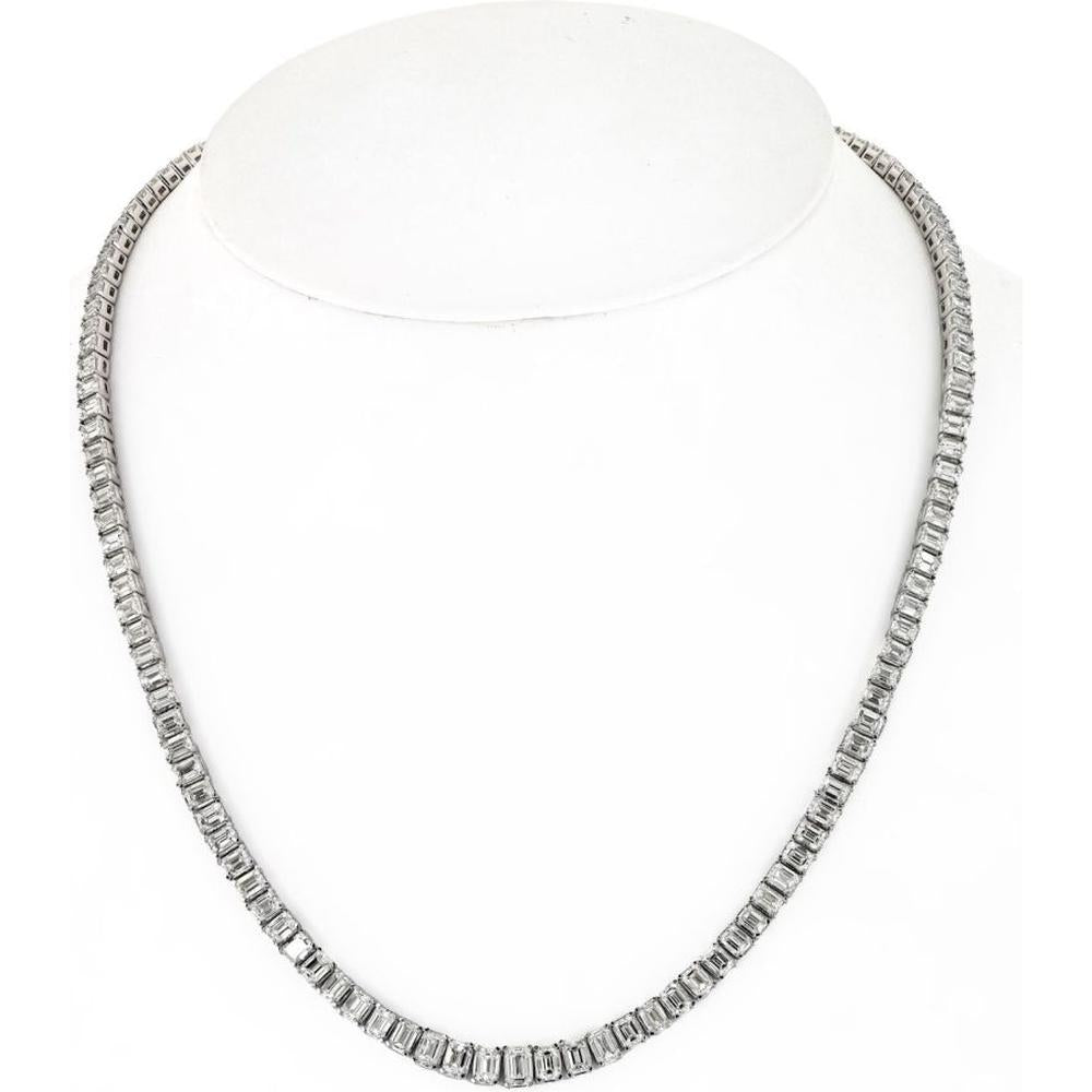 Exquisite 18K White Gold Emerald Cut Diamond Tennis Necklace - 26.00 Total Carat Weight Diamonds