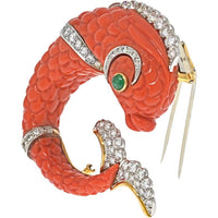 Exquisite David Webb Carved Coral Dolphin Brooch - 18K Gold & Platinum Diamond Accent