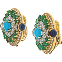 Exquisite David Webb Turquoise Emerald Diamond Clip Earrings