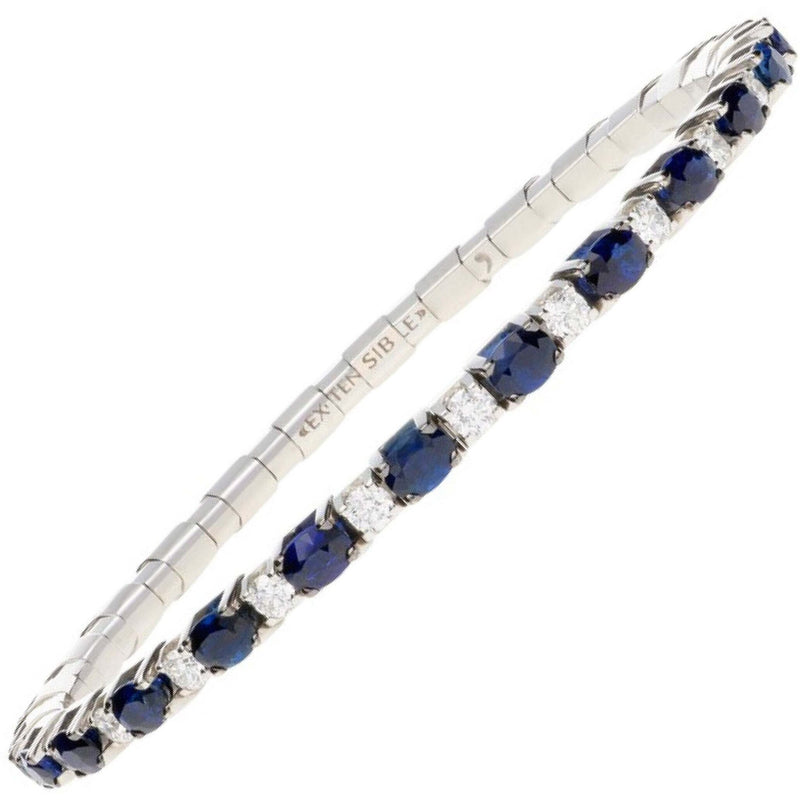 Extensible - 7.78 Carat Oval Cut Blue Sapphire & Diamond Stretch Tennis Bracelet - 18K White Gold