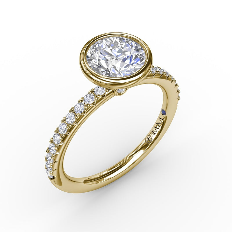 Fana - Contemporary Bezel-Set Round Diamond Solitaire Engagement Ring With Diamond Band - S3342 - Available in 14K & 18K Gold (White, Yellow or Rose) and Platinum