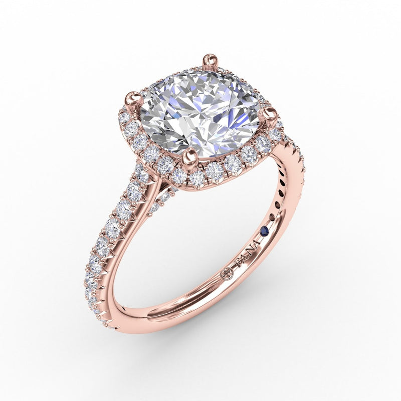 Fana - Cushion-Shaped Halo Diamond Engagement Ring with Diamond Band - S3274 - Available in 14K & 18K Gold (White, Yellow or Rose) and Platinum