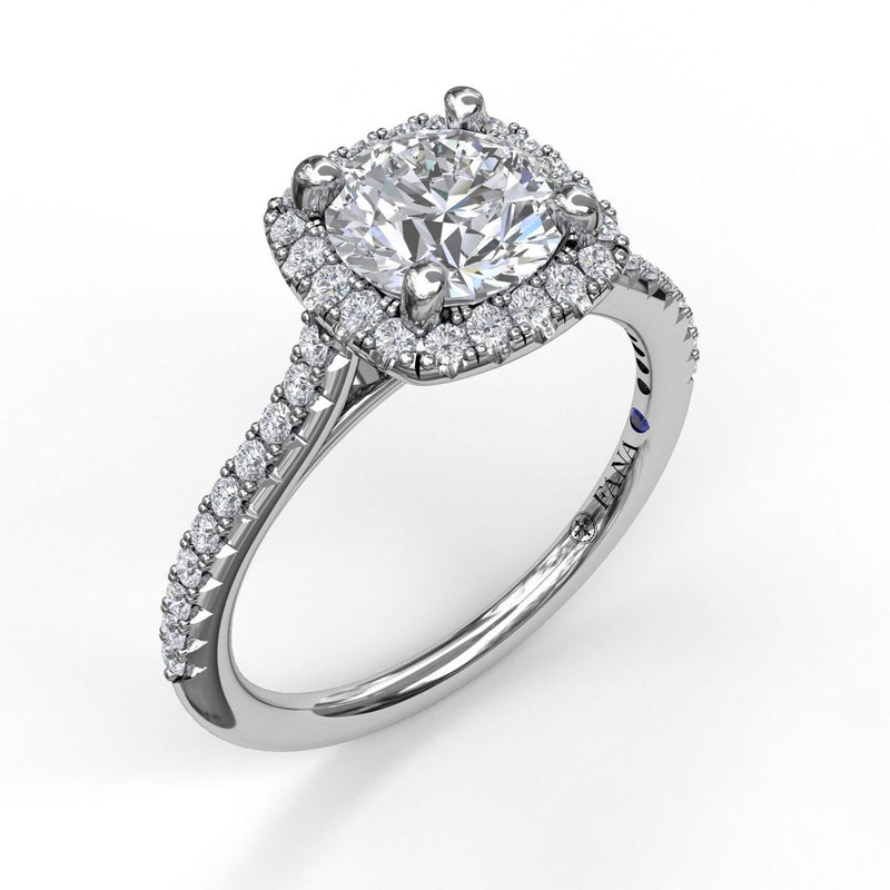 Fana - Delicate Cushion Halo Engagement Ring With Pave Shank - S3790 - Available in 14K & 18K Gold (White, Yellow or Rose) and Platinum