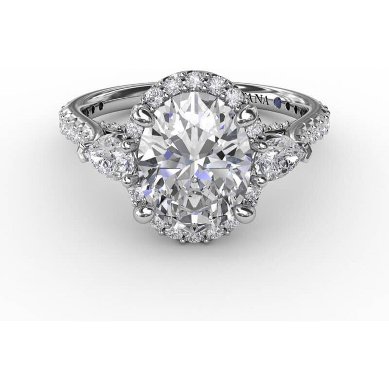 Fana Oval Diamond Halo Engagement Ring With Pear-Shape Diamond Side Stones