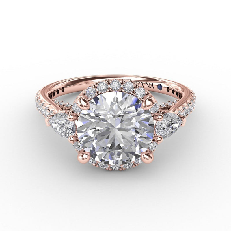 Fana - Round Diamond Halo Engagement Ring With Pear-Shape Side Stones - S3279 - Available in 14K & 18K Gold (White, Yellow or Rose)