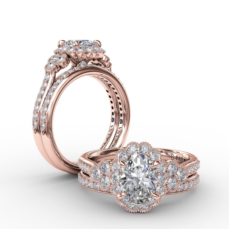 Fana - Scalloped Halo Engagement Ring With Diamond Clusters and Milgrain Details - S3205 - Available in 14K & 18K Gold (White, Yellow or Rose) and Platinum