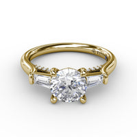 Fana - Three-Stone Round Diamond Engagement Ring With Bezel-Set Baguettes - S3295 - Available in 14K & 18K Gold (White, Yellow or Rose) and Platinum