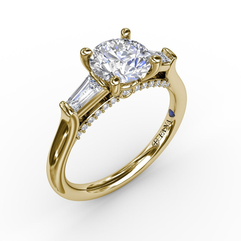 Fana - Three-Stone Round Diamond Engagement Ring With Bezel-Set Baguettes - S3295 - Available in 14K & 18K Gold (White, Yellow or Rose) and Platinum