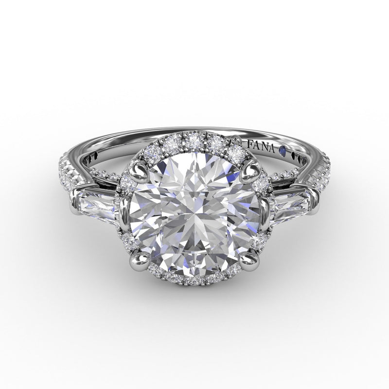 Fana - Vintage Round Diamond Halo Engagement Ring With Tapered Baguettes - S3278 - Available in 14K & 18K Gold (White, Yellow or Rose) and Platinum