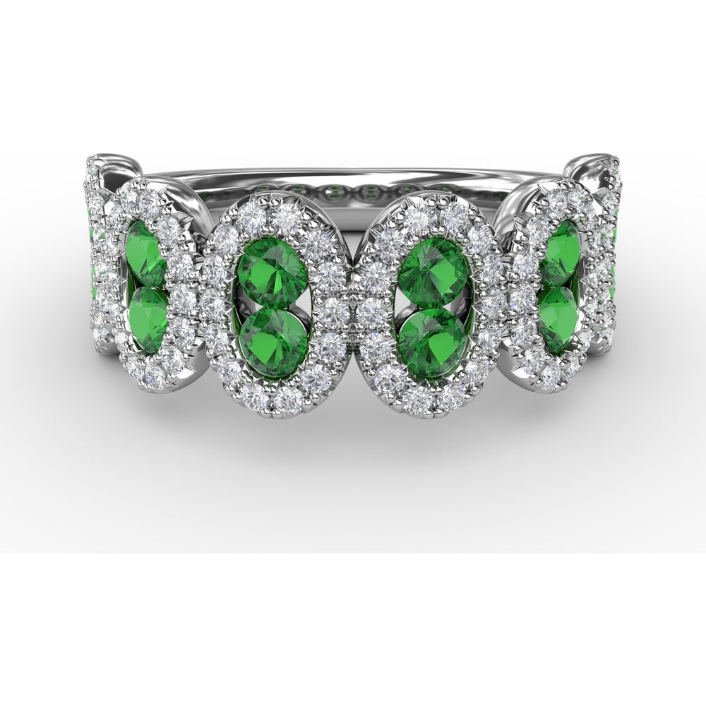 Fashion Ring with Oval Emerald Halo Clusters and Round Diamonds by Fana - 1.41 Carat Total Gemstone Weight