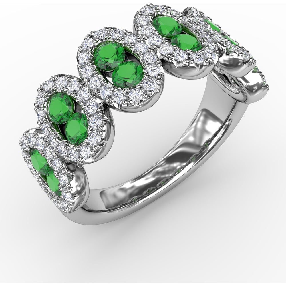 Fashion Ring with Oval Emerald Halo Clusters and Round Diamonds by Fana - 1.41 Carat Total Gemstone Weight