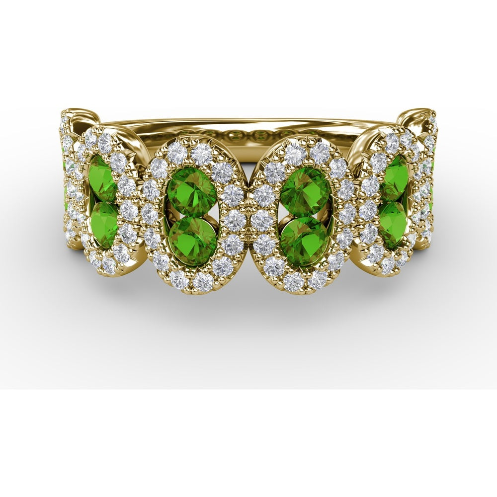 Fashion Ring with Oval Emerald Halo Clusters and Round Diamonds by Fana - 1.41 Carat Total Gemstone Weight
