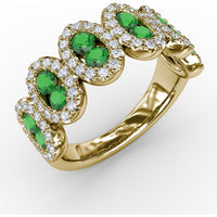 Fashion Ring with Oval Emerald Halo Clusters and Round Diamonds by Fana - 1.41 Carat Total Gemstone Weight