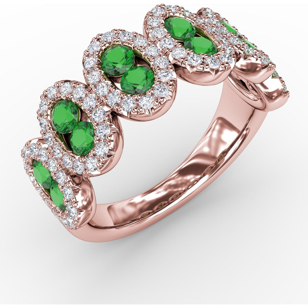 Fashion Ring with Oval Emerald Halo Clusters and Round Diamonds by Fana - 1.41 Carat Total Gemstone Weight