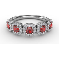 Five Stone Ring with Round Rubies and Pavé Set Diamond Halos by Fana - 1.05 Carat Total Gemstone Weight