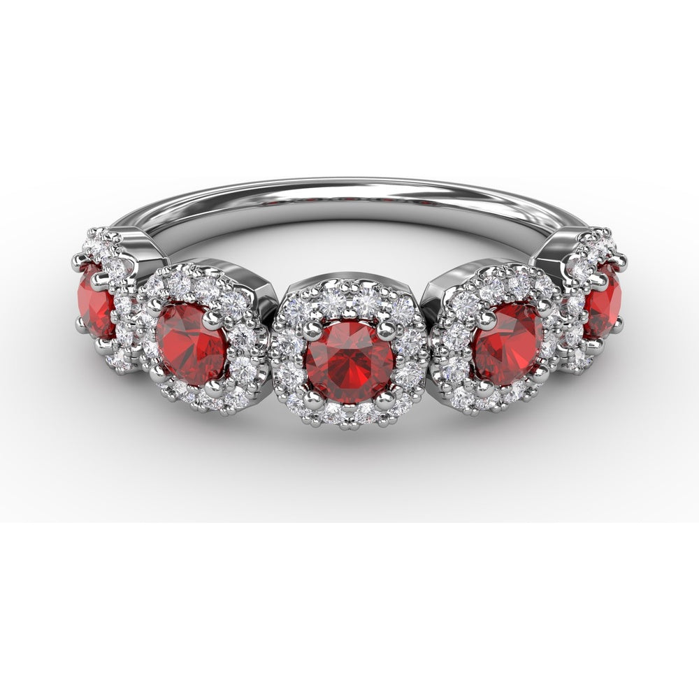 Five Stone Ring with Round Rubies and Pavé Set Diamond Halos by Fana - 1.05 Carat Total Gemstone Weight