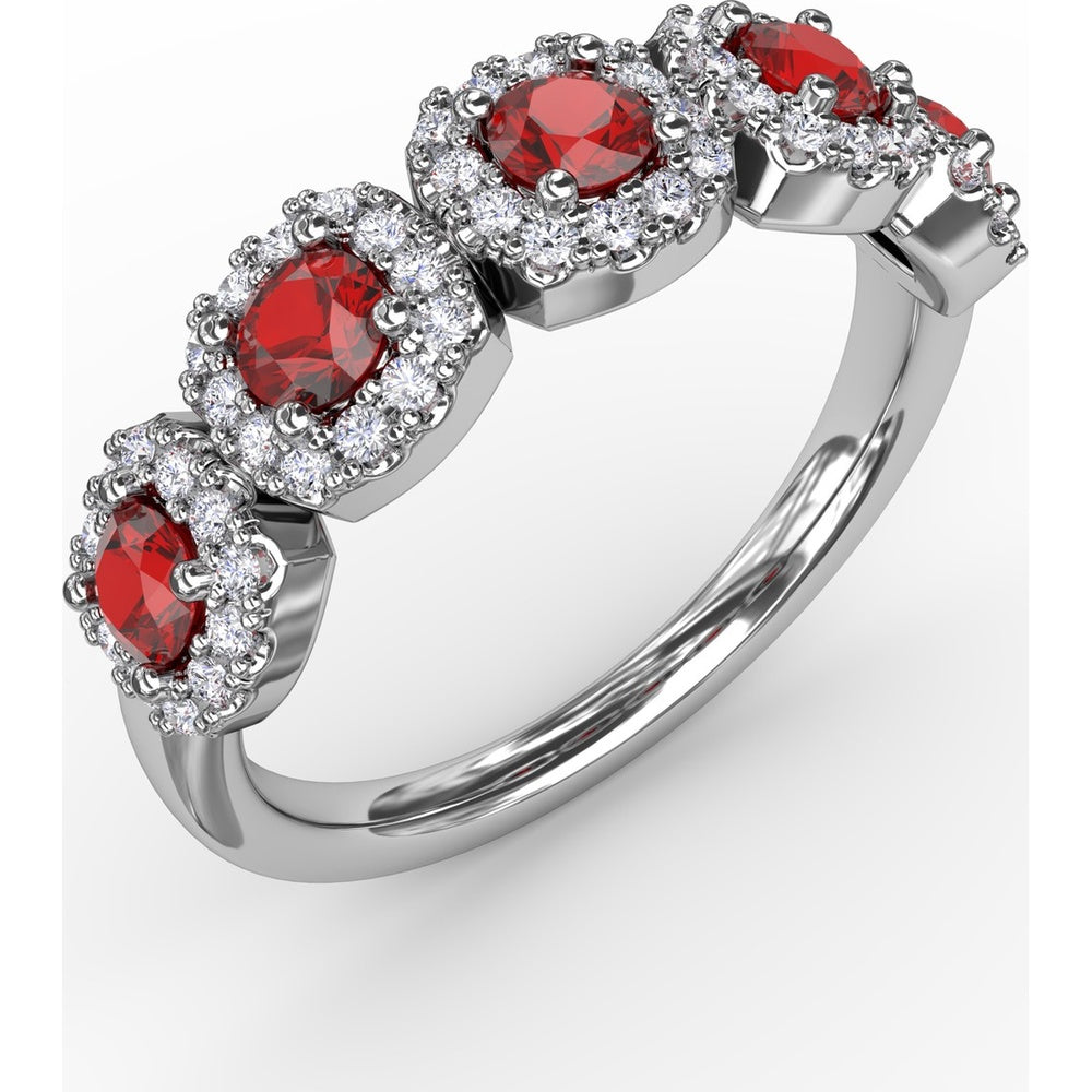 Five Stone Ring with Round Rubies and Pavé Set Diamond Halos by Fana - 1.05 Carat Total Gemstone Weight