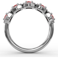Five Stone Ring with Round Rubies and Pavé Set Diamond Halos by Fana - 1.05 Carat Total Gemstone Weight
