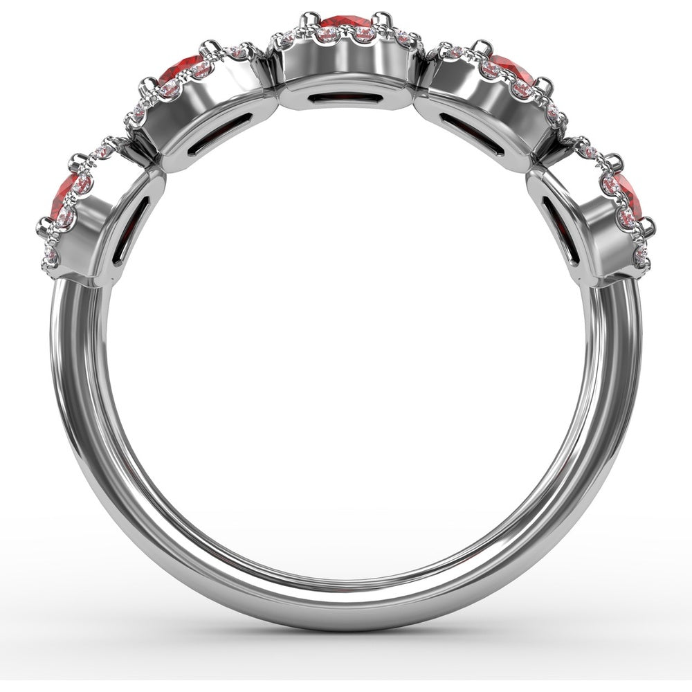Five Stone Ring with Round Rubies and Pavé Set Diamond Halos by Fana - 1.05 Carat Total Gemstone Weight