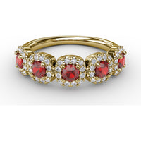 Five Stone Ring with Round Rubies and Pavé Set Diamond Halos by Fana - 1.05 Carat Total Gemstone Weight