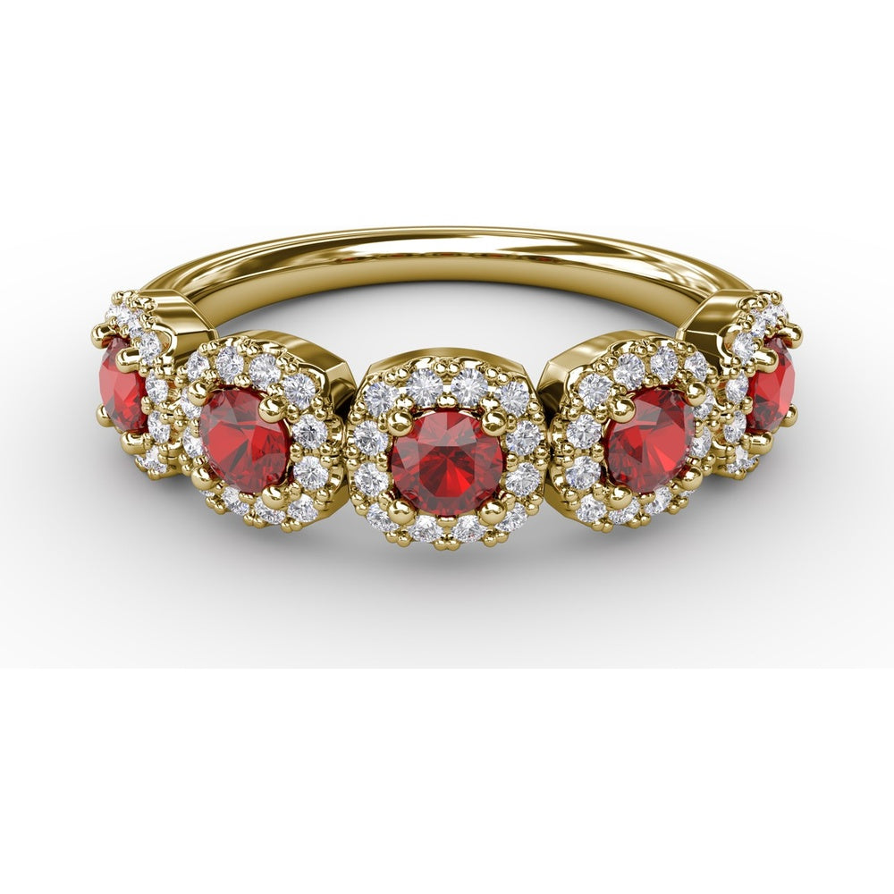 Five Stone Ring with Round Rubies and Pavé Set Diamond Halos by Fana - 1.05 Carat Total Gemstone Weight