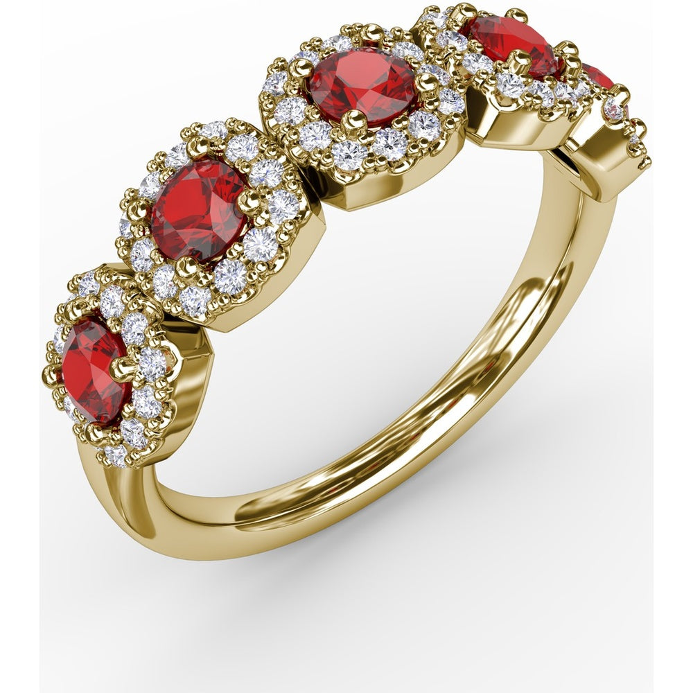 Five Stone Ring with Round Rubies and Pavé Set Diamond Halos by Fana - 1.05 Carat Total Gemstone Weight