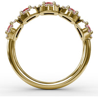 Five Stone Ring with Round Rubies and Pavé Set Diamond Halos by Fana - 1.05 Carat Total Gemstone Weight