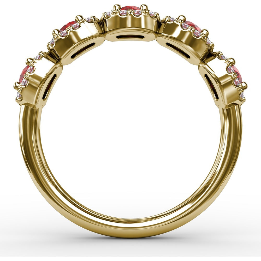Five Stone Ring with Round Rubies and Pavé Set Diamond Halos by Fana - 1.05 Carat Total Gemstone Weight